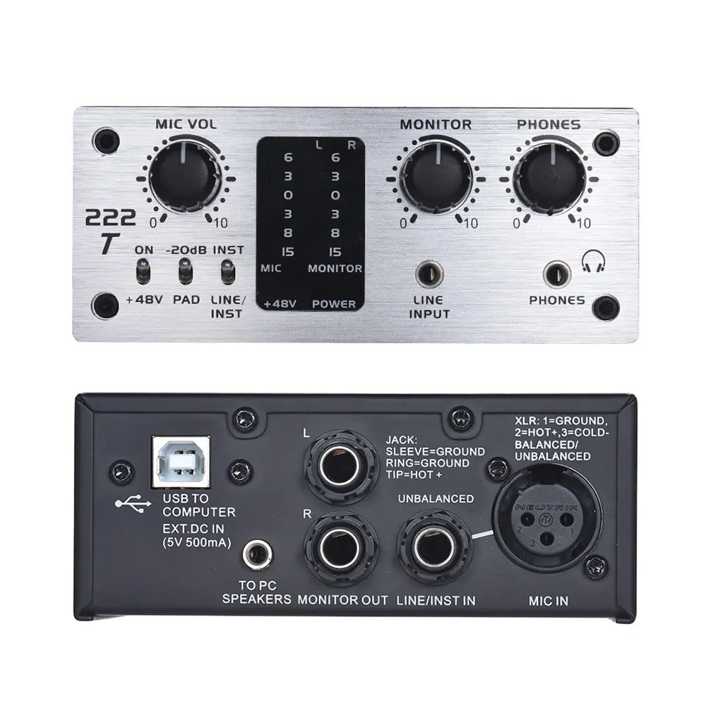  2-Channel Audio System Interface External Sound Card +48V phantom power DC 5V for Computer Smartpho