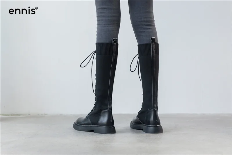 ENNIS/модные черные сапоги до колена в уличном стиле; женские сапоги из натуральной кожи на плоской подошве со шнуровкой; зимняя эластичная обувь в стиле панк с круглым носком; Новинка; L933