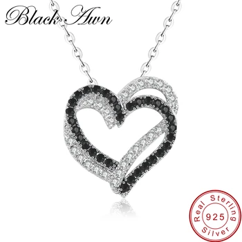  Fine Genuine 100% 925 Sterling Silver Necklace Women Jewelry Heart Black&White Stone Pendants P107