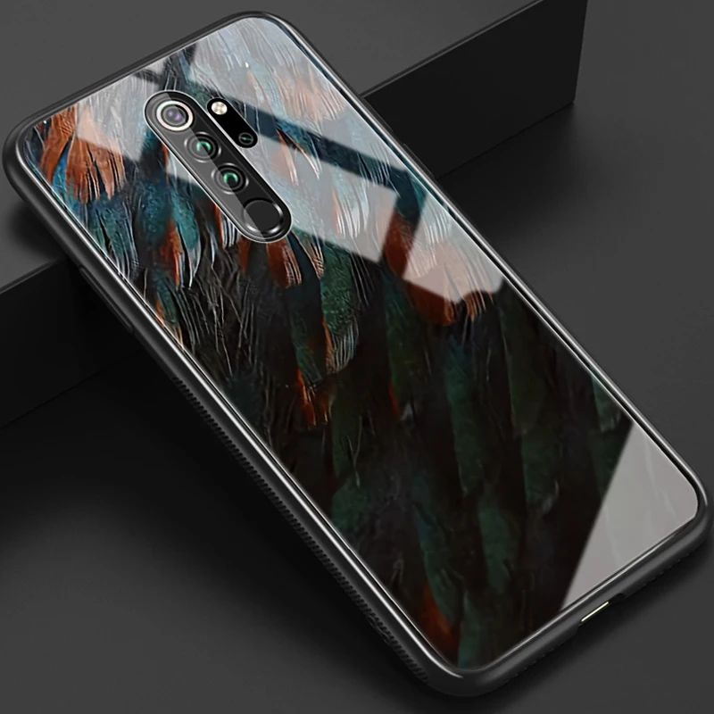 Net red feather Чехол с пятнистым стеклом для xiaomi redmi note 8 Pro, закаленное стекло для redmi note 8 t, защитный чехол для телефона, роскошный чехол - Цвет: Net red feather