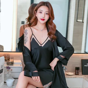 

2020 Spring and Summer Sexy Deep V Silk Robe Sets Women's Nightdress Nightgown Lace Homewear Robe Lingerie Set Pajamas Dress