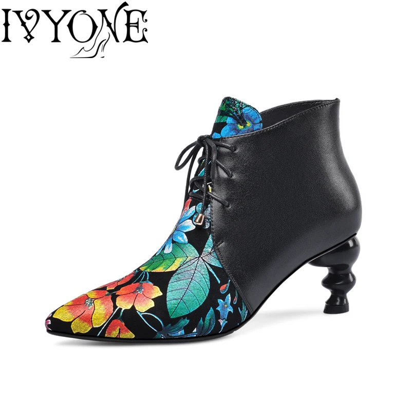 

Genuine Leather Women Ankle Boots Flowered Lace up Pointed Toe Strange Heels High Quality Shoes Ladies Pumps New Fashion