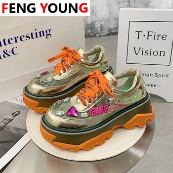 

Designers Summer Crystal Sports Orange Casual Shoes Female Fashion Sneakers Chunky Platform Vulcanized Shoes Woman Luxury