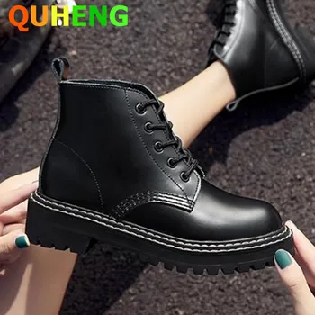 

New Genuine Leather Martin Boots Women's British Low Heel Flat Ankle Boots Couple Motorcycle Boots Platform Women's Boots Mujer