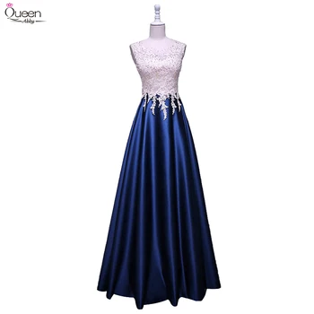 

Satin Evening Dresses Appliques Long Queen Abby Navy Blue A line O Neck Sleeveless Draped Formal Elegant Party Gowns Robe