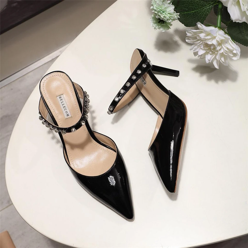 

BELLECOM Summer 2019 New Semi-slippers with a Word Belt Head Women's Spiked Water Drill High-heeled Sexy Leather Sandals