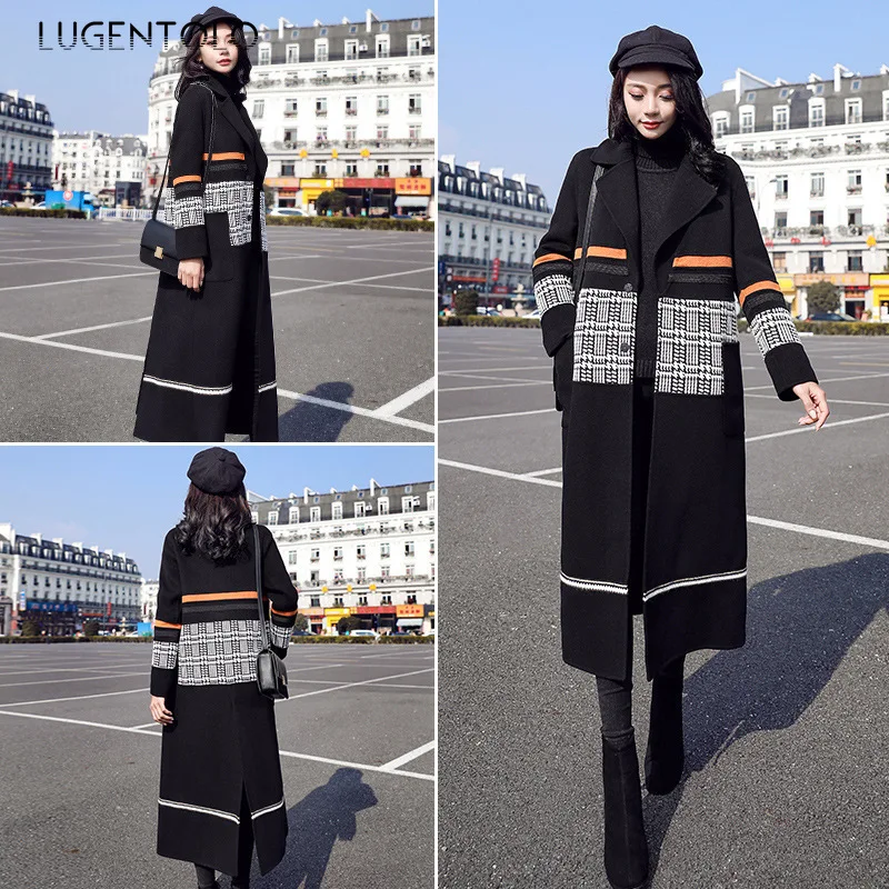 Lugentolo, Женское шерстяное пальто, осень и зима, модное, большой размер, длинное, с отстрочкой, хит, цвет, гусиная лапка, по колено, вязаное шерстяное пальто