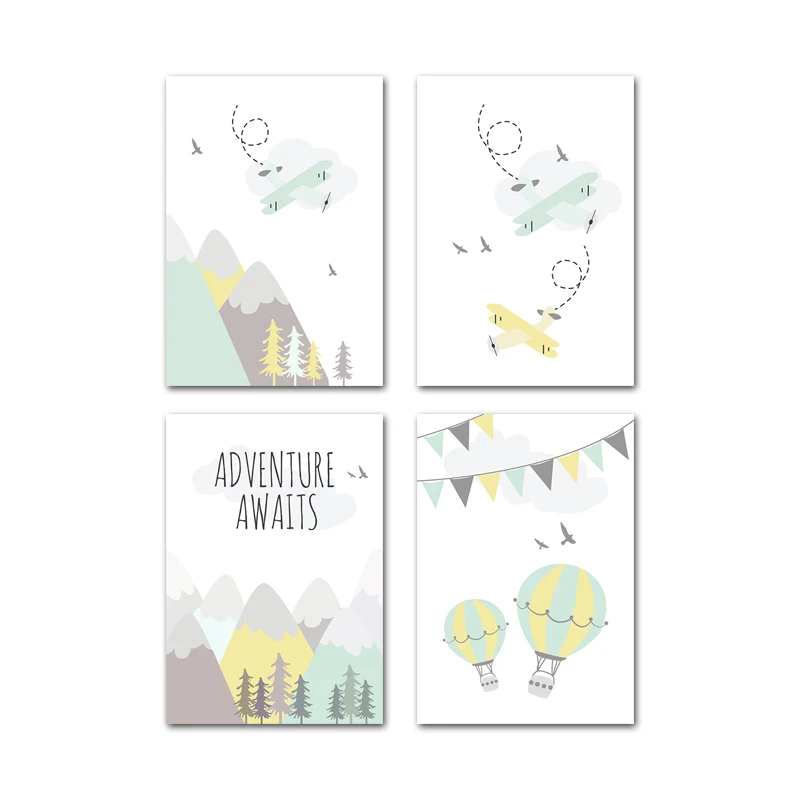 4 Pcs Set Приключения цитаты детский плакат мультфильм горный принт стены искусства холст живопись скандинавские дети украшение для детской спальни картина - Цвет: 4 Pcs Set