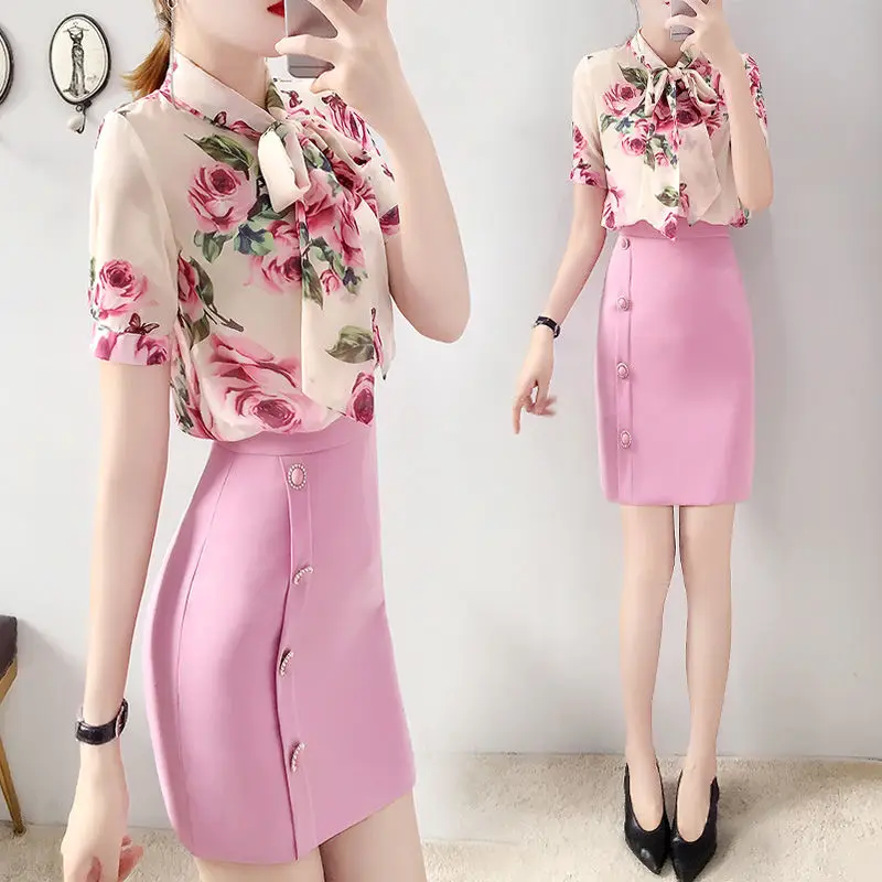 

Runway Style 2 Piece Women Summer Twinsets Rose Print Bows Blouses Shirts Tops And Slim Buttons Ladies Skirt Suits NS998