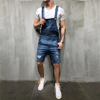 

2020 Fashion Ripped Mens Bib Overall Shorts Summer Short Suspender Denim Pants Distressed Bib Overall Jean Shorts Plus Size