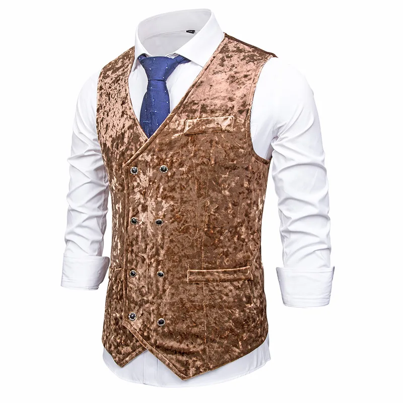 coffee Mens Double Breasted Suit Vest Brand New Navy Velvet Waistcoat Men Slim Fit Business Casual Vest Male Chalecos Para Hombre - Цвет: coffee
