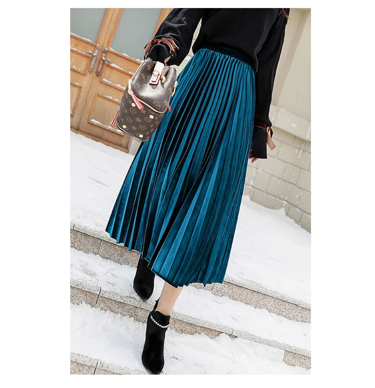 Осенне-зимняя женская длинная юбка с эластичной высокой талией, цвета металлик, серебряная юбка Mixi, винтажная Повседневная бархатная плиссированная юбка Saia Faldas