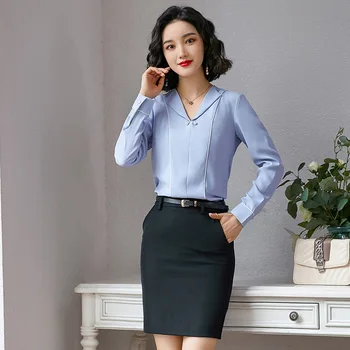 

White Collar Shirt Female 2020 Season V Collar Blue White Slim Fit Money Ol Commute Leisure Occupation Shirt Top