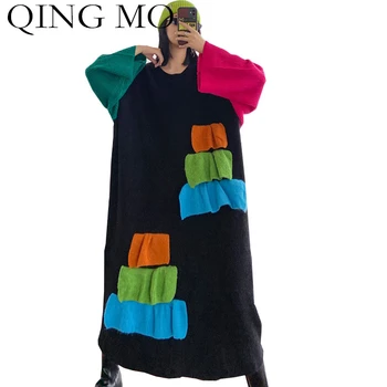 

QING MO Woman Large Size Dress 2020 Autumn Winter Fashion Splicing Contrast Dress Mid-length Sweater Knitting Dress LHXX370