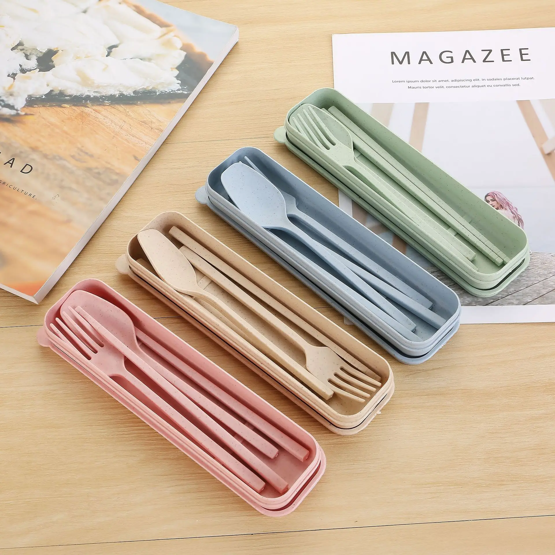 

3pcs/set Travel Cutlery Portable Cutlery Box Japan Style Wheat Straw Knife Fork Spoon Student Dinnerware Sets Kitchen Tableware