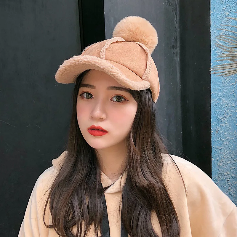 

Autumn And Winter Berber Fleece Warm Baseball Cap Women's Korean-style Casual Versatile Furry Ball Soft Girl Fashion Brim Hat St