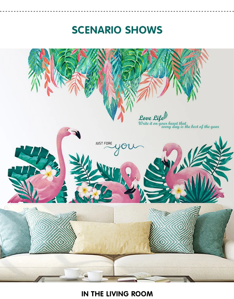 Large flamingo green plant wall stickers bedroom sticker home decor living room sofa background wall decor girl room decoration