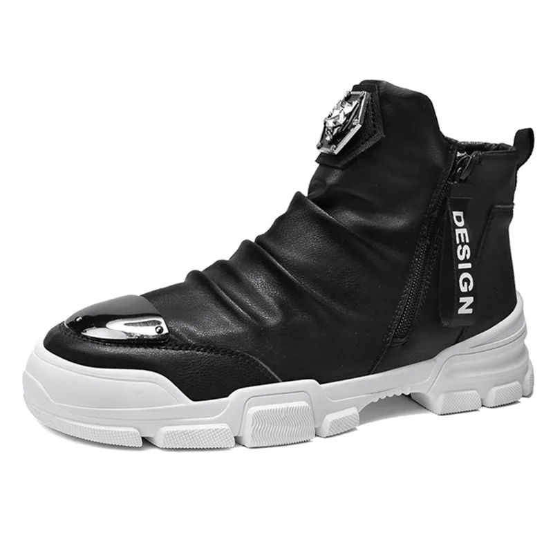 Sooneeya/мужские ботинки с металлическим носком; кожаные ботинки с высоким берцем на молнии; Мужская черная белая блесточка; Мужская мотоциклетная обувь - Цвет: Black White