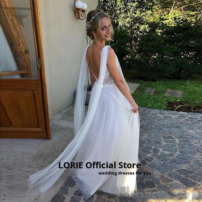 LORIE с коротким рукавом пляжные свадебные платья дизайн Блестящий тюль с кружевной аппликацией Свадебные платья Boho с открытой спиной для свадьбы А-силуэта