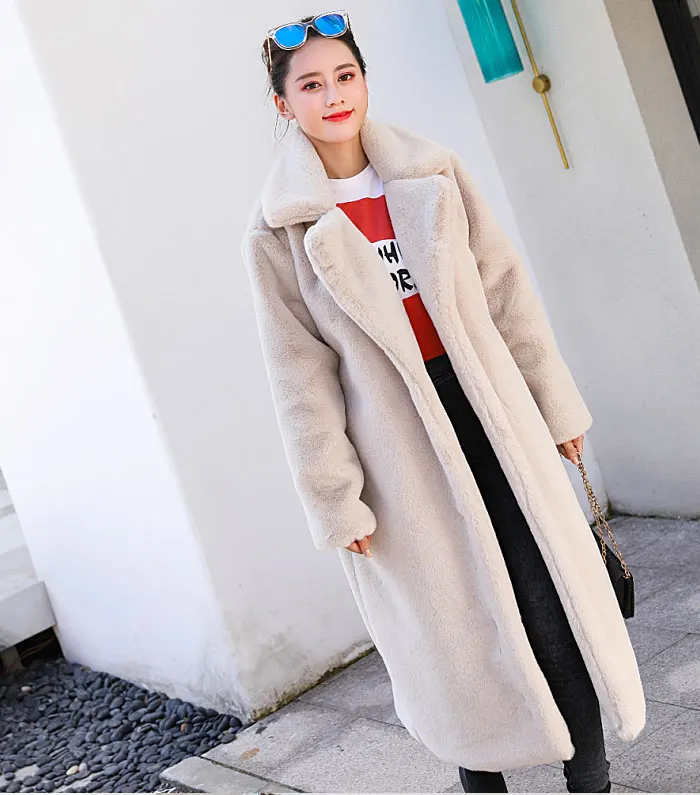Зимнее женское высококачественное пальто из искусственного кроличьего меха, роскошное длинное меховое пальто, свободное пальто с отворотом, толстое теплое женское плюшевое пальто больших размеров