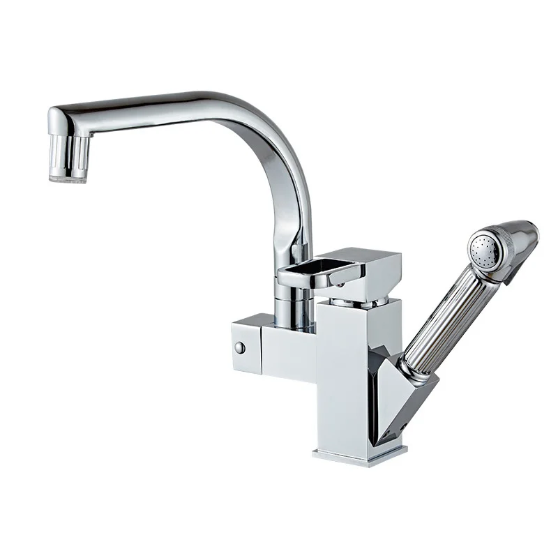 

1pc Faucet Pull-Out Kitchen Sink Basin Mixed Faucet Copper 360 Degree Rotation LED Color Practical
