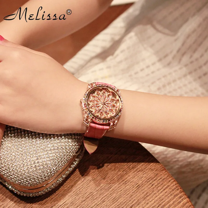 Lady Women's Watch Hours Japan Quartz Fashion Real Leather Bracelet Luxury Candy Crystal Girl's Birthday Gift Melissa Box
