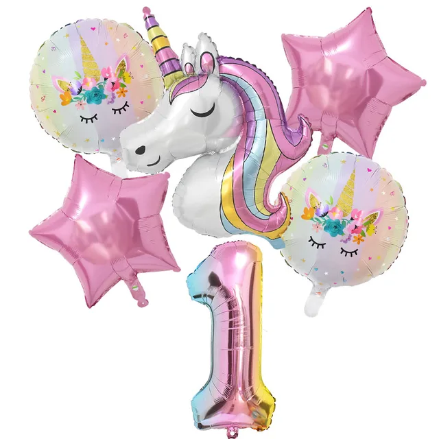 1Set Rainbow Unicorn Balloon 32 inch Number Foil Balloons 1st Kids Unicorn Theme Birthday Party Decorations Baby Shower Globos 6pcs number1 set