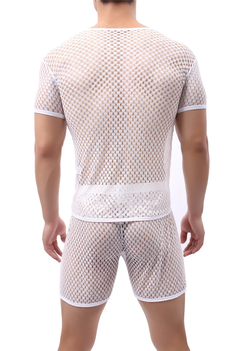 Sexy Mens Undershirts Mesh Short Sleeve See Through T Shirts Loose Short Pajama Pants Sport Fitness Men Clothes Set Underwear