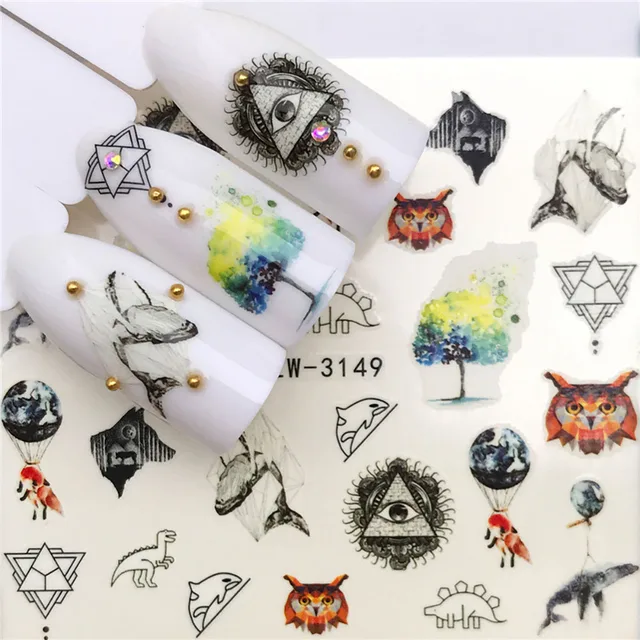 Nails Stickers Maple Leaf Seahorse Nail Sticker Pattern Transfer Nails Series Watermark Nail Decals Flowers Butterflies Color YZW-3149
