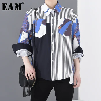 

[EAM] Women Blue Striped Split Big Size Blouse New Lapel Long Sleeve Loose Fit Shirt Fashion Tide Spring Summer 2020 1R70205