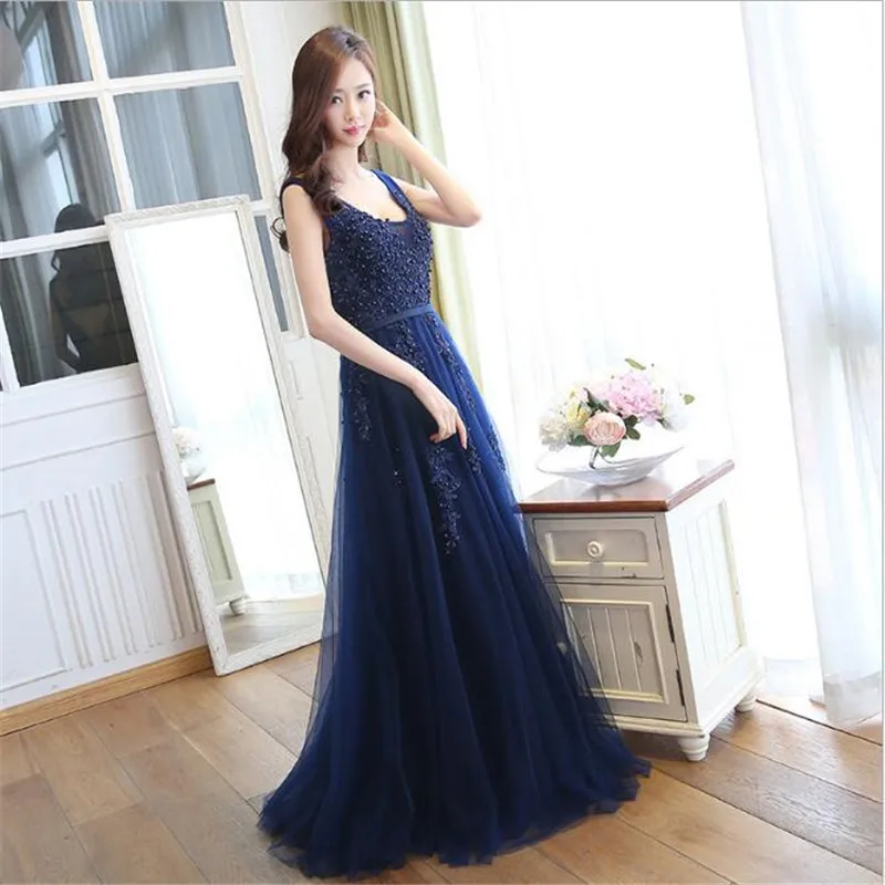 Navy Blue Beauty-Emily, длинное кружевное платье подружки невесты с v-образным вырезом, аппликация, плиссированные бусины, фатиновые платья для выпускного вечера, свадебное платье для гостей с открытой спиной - Цвет: Navy Blue
