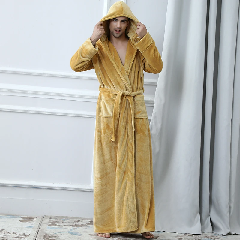 Men Gold Женское зимнее длинное теплое Фланелевое кимоно с капюшоном, банный халат для подружки невесты из кораллового флиса, банный халат, Мужская одежда для сна - Цвет: Men Gold
