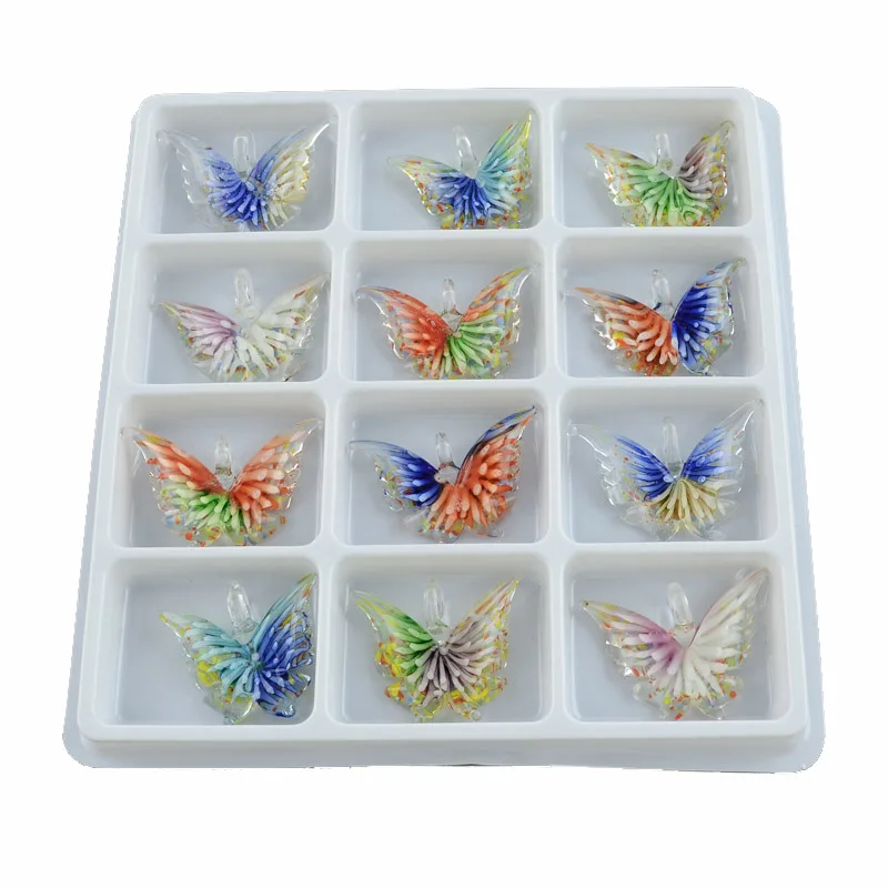 Butterfly 12 шт./кор. 38x50x8 мм лэмпворк Стекло смешанные Цвет подвески бабочки внутренняя с украшениями в виде кристаллов и цветов, Чарующее ювелирное Цепочки и ожерелья DIY - Окраска металла: Butterfly