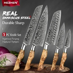 HEZHEN 1-5PC Knife Set Professional Damascus Steel Chef Santoku Bread Utility Paring Cook Knife For Meat Sharp Kitchen Knife
