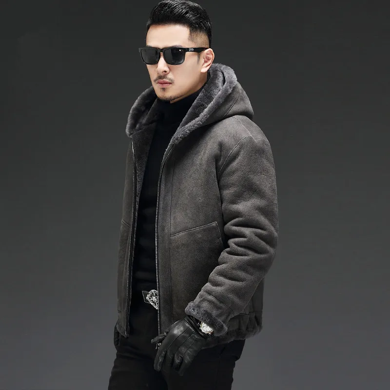 Dark Gray Куртка из натуральной кожи, зимняя куртка для мужчин, роскошное пальто из натуральной шерсти с мехом, мужская куртка из овчины с капюшоном, двухсторонняя одежда, куртки 19-3507 - Цвет: Dark Gray