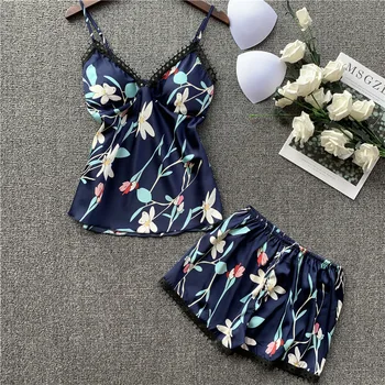 

Woman Silk Pajamas for Women Floral Satin Sleepwear Women Lace Summer V-Neck Pyjama Femme Pajamas with Chest Pad Sleep Lounge