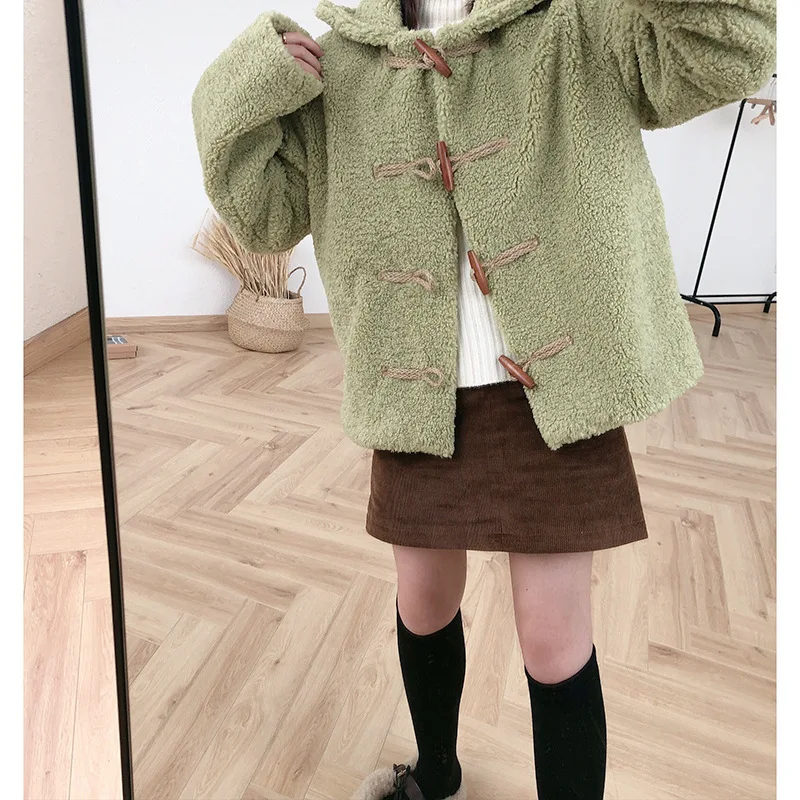 Mooirue зимняя плюшевая куртка пальто мягкий хлопок тонкий роговой пряжкой свободные нагрудные Винтаж Прямой Кардиган Feminino Топы