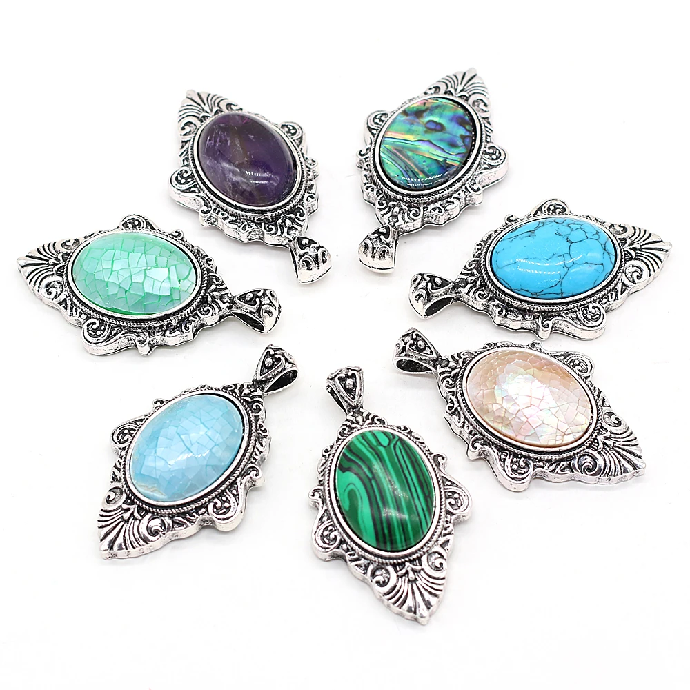 New Vintage Abalone Shell Pendants Charms Elliptical Malachite Amethysts Pendant for Jewelry Making DIY Necklace Accessories 3