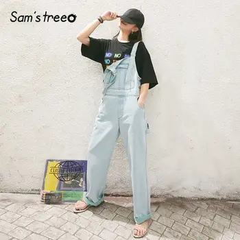 

SAM'S TREE Blue Solid Straight Casual Women Overall Denim Jeans 2020 Spring Colorblock Sleeveless Ladies Korean Daily Trousers
