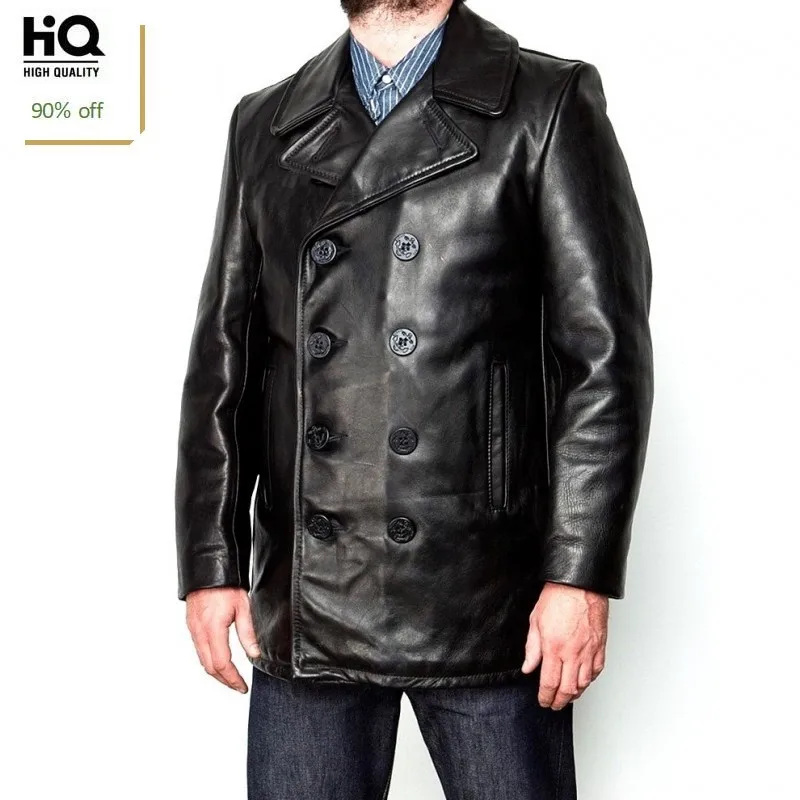 

Brand Fashion Men Cowhide Genuine Leather Long Jacket Double Breasted Winter Cotton Padded Trench Coat Business Man Slim Jackets