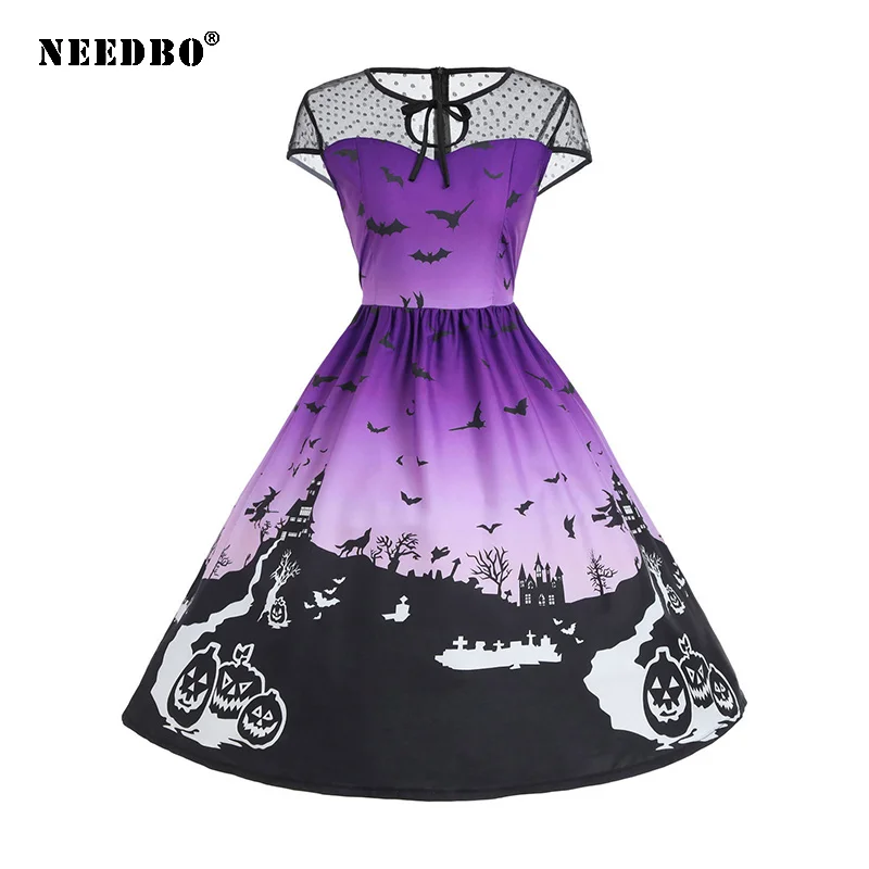 

NEEDBO Halloween Dress Women Vestidos Vintage Print Party Dress Robe Femme Ladies Festival A-Line Casual Women Dresses Free Ship