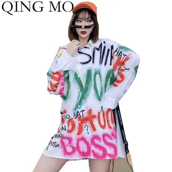 

QING MO White Women Funny Blouse 2020 Women Letter Printed Blouse With Rhinestone Female Casual Loose Blouse ZQY3590