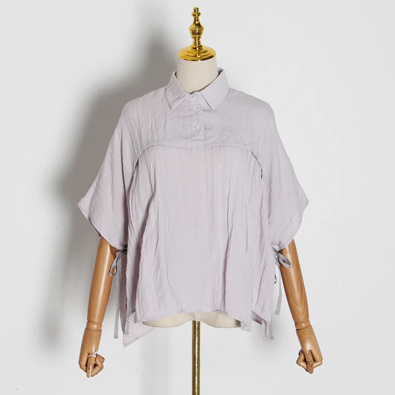 TWOTWINSTYLE Casual Lace Up Loose Shirts Female Lapel Collar Half Sleeve Ruched Blouses For Women Fashion Clothing Tide