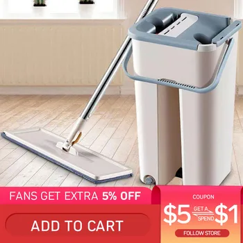 

Flat Squeeze Mop and Bucket Hand Free Wringing Floor Cleaning Mop Microfiber Mop Pads Wet or Dry Usage on Hardwood Laminate Tile
