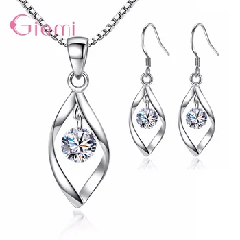 

925 Sterling Silver Whirling Shape Round Rhinestones Earrings Necklace Jewelry Set For Women Silver Jewelry Pendientes