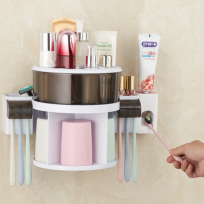 

360° Rotation Toothbrush Holder Wall-mounted Automatic Toothpaste Dispenser Bathroom Accessories Set Cosmetic Storage Rack