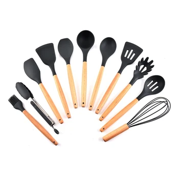 

11pcs/set Home cookware set silicone cookware set with stand spoon spatula tongs wooden cookware sets Kitchen
