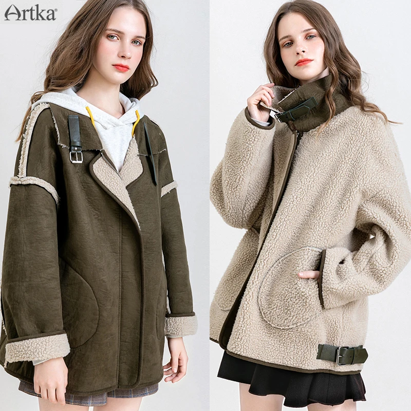 ARTKA/Новинка года; зимняя женская куртка; модная кожаная куртка-бомбер из овечьей шерсти; Двусторонняя одежда; Верхняя одежда; куртки; WA15296Q