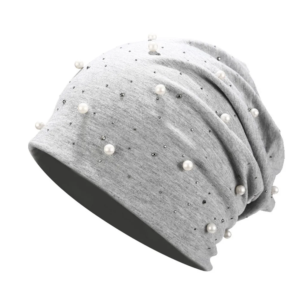 Женская эластичная шапка с жемчугом, головной убор, чистый цвет, жемчужный головной шарф, шапка для осени и зимы, шапки для женщин, головной убор, femme hiver Fashion