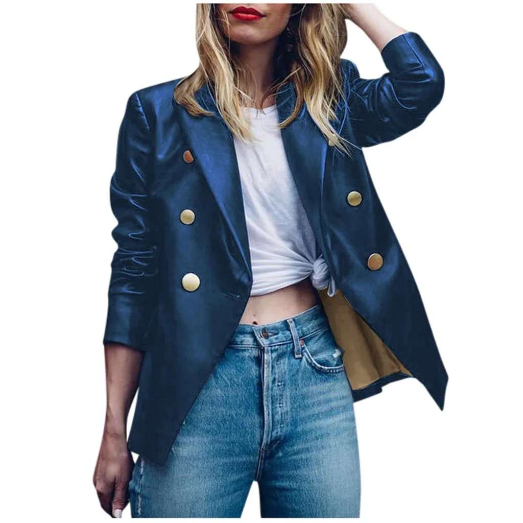Blue Модные осенне-зимние женские брендовые Куртки из искусственной мягкой кожи, блейзер из искусственной кожи на пуговицах, верхняя одежда для мотоцикла, chaqueta mujer - Цвет: Blue